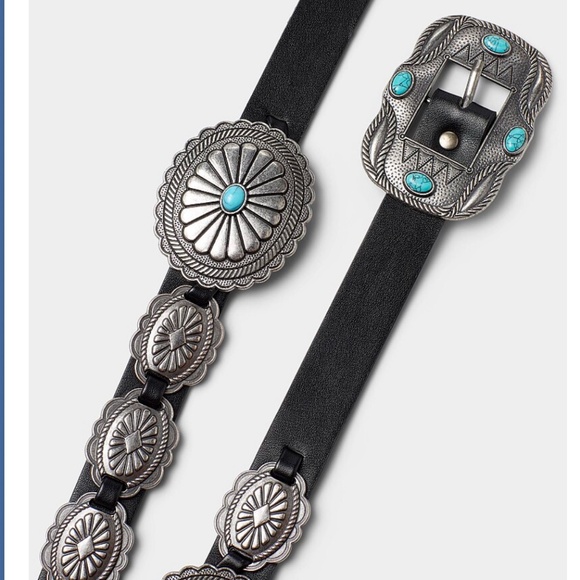 Floral metal medallion and blue turquoise stone faux leather western belt NWT - Picture 2 of 10